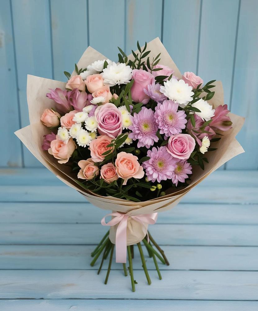 Букет цветов из: Хризантемы, Розы и Альстромерии в Кременках