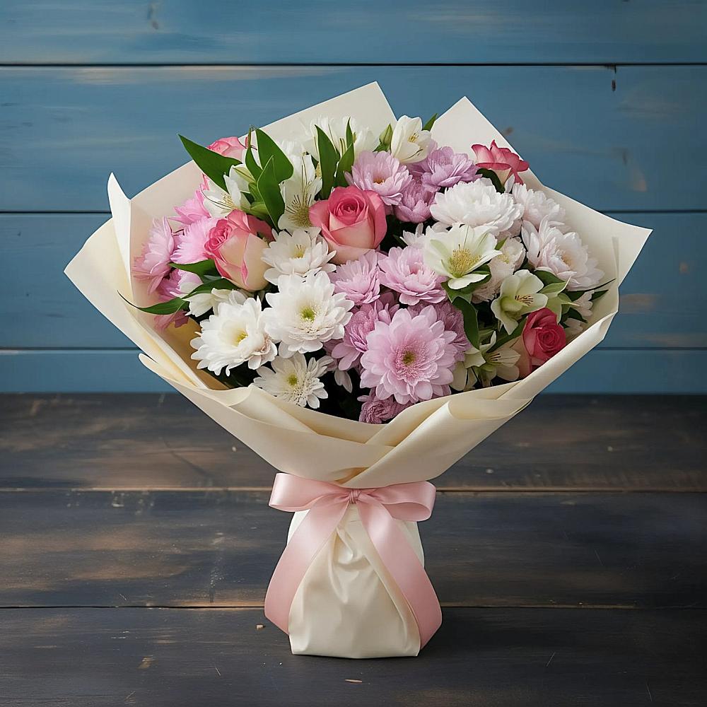 Букет цветов из: Хризантемы, Альстромерии и Розы в Кременках